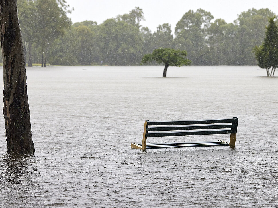 Bild einer Überschwemmung, Bank und Baumstämme ragen aus dem Wasser